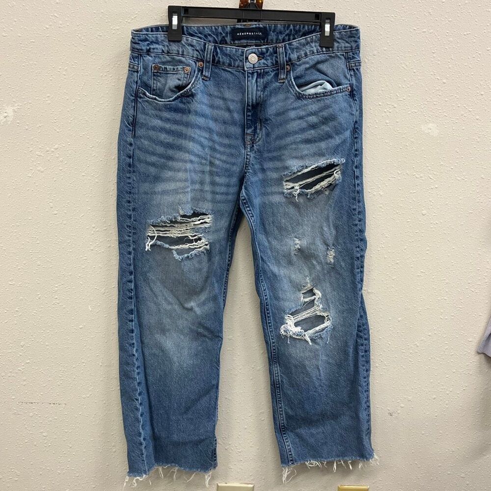 Aeropostale low rise 90’s baggy distressed medium wash 100% cotton raw hem jeans